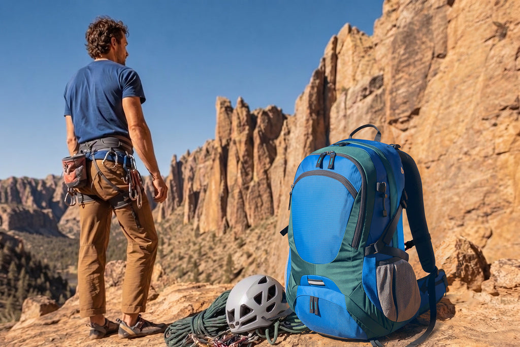 Finvizo 45L backpack at the base of a climbing crag - rock climbing day trip minimal gear