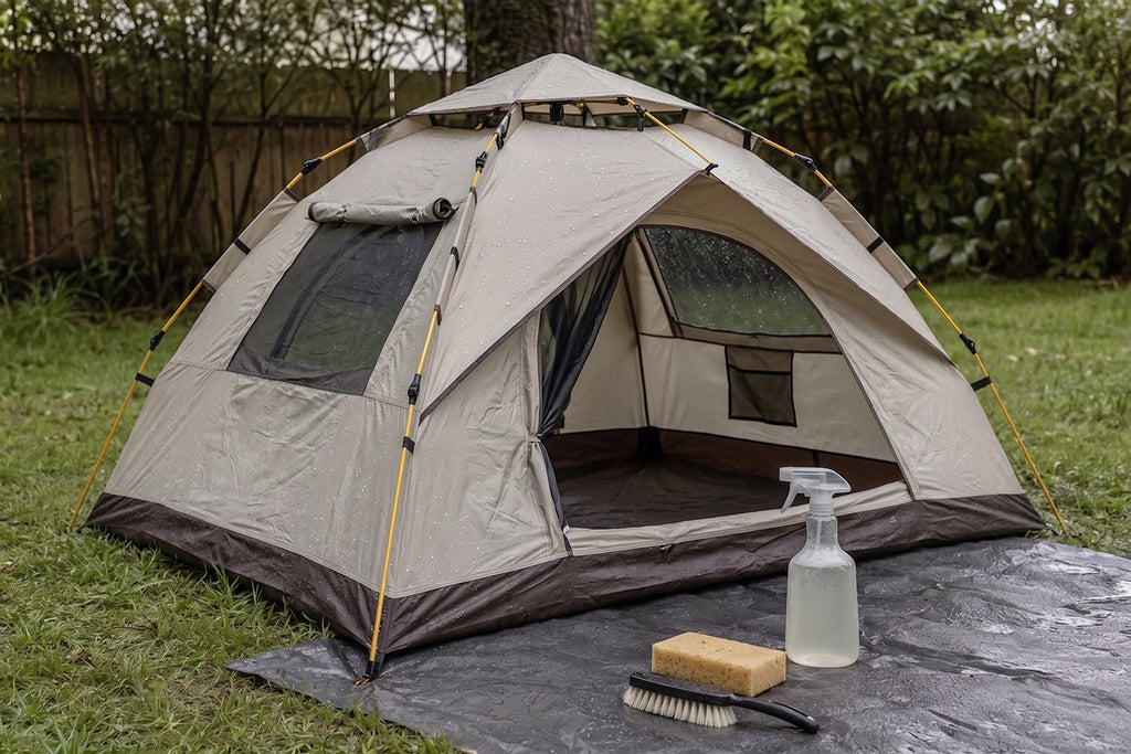 Finvizo backpacking tent at a rain-ready campsite with restored water repellency