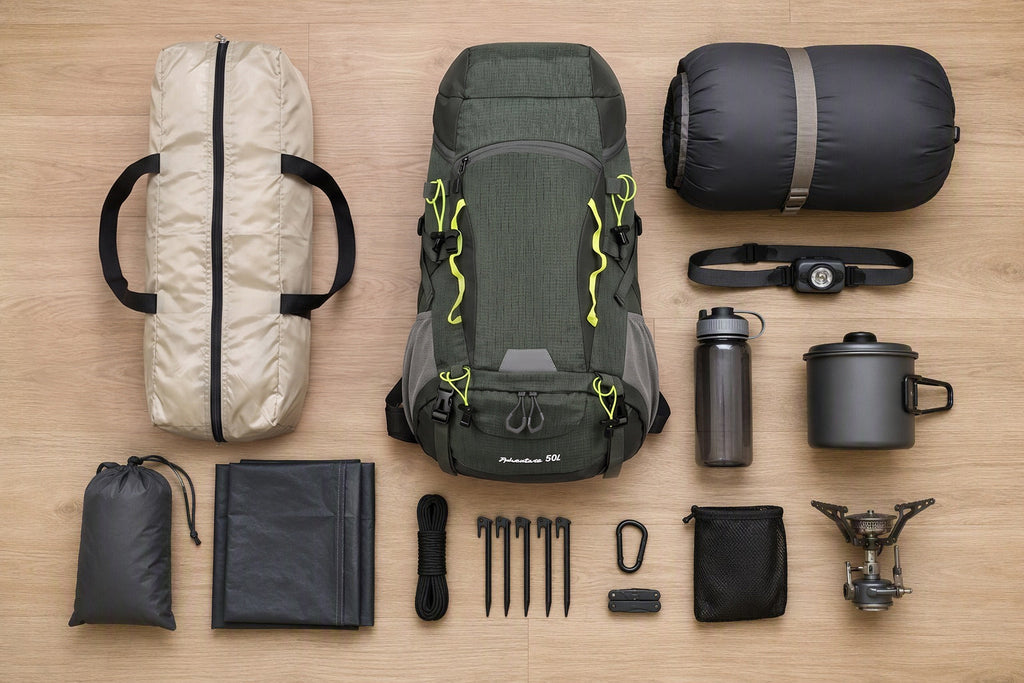 Finvizo camping kit arranged at a sunny campsite for hot weather camping