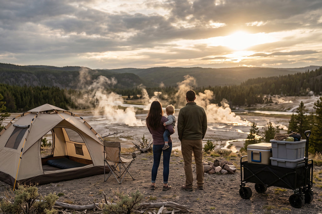 Finvizo camping tent and wagon set up at a Yellowstone campsite for families - camping yellowstone gear weather