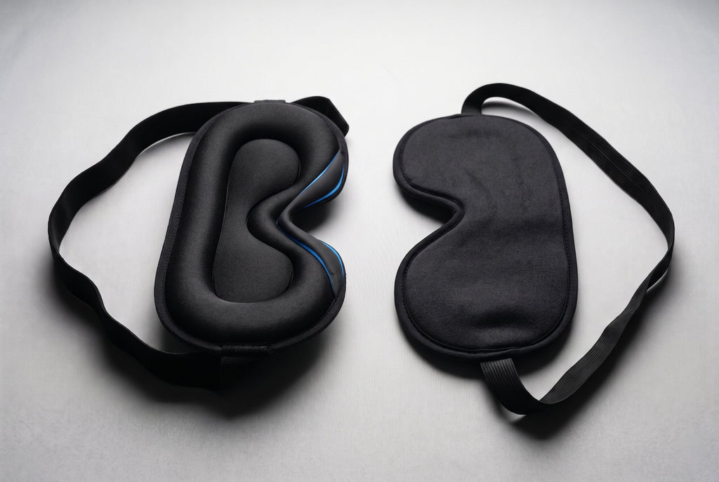 Finvizo 3D Sleep Mask vs flat sleep mask side by side comparison - 3D contoured vs flat mask pressure test
