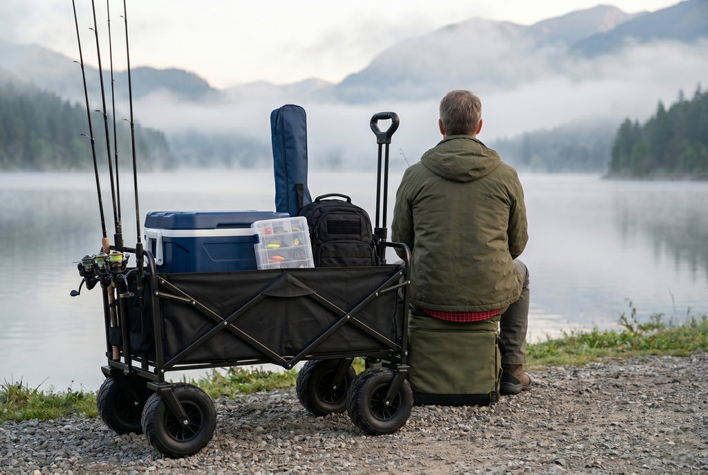 Finvizo 600lbs folding wagon loaded with fishing rods cooler and tackle at lakeshore - fishing wagon loading setup - USA" loading="lazy"