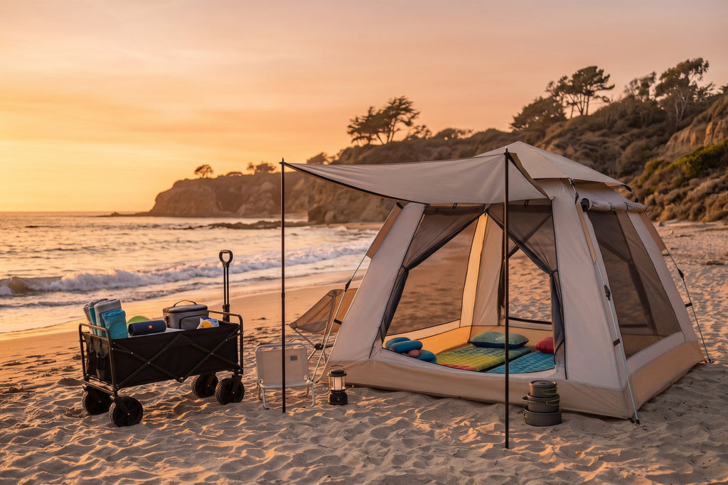 Finvizo folding wagon and instant tent at a California beach campsite - beach camping california gear