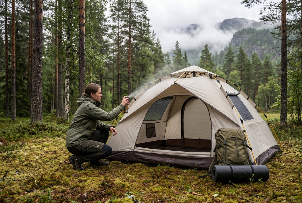 Finvizo 2-Person Lightweight Backpacking Tent for waterproof tent before camping - Camper sealing tent seams with seam grip outdoors in rain