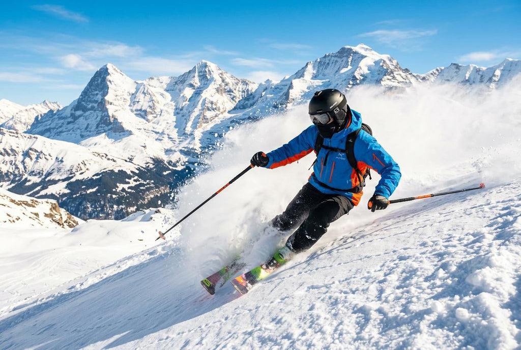 Skier wearing Finvizo lightweight balaclava on sunny spring mountain slope