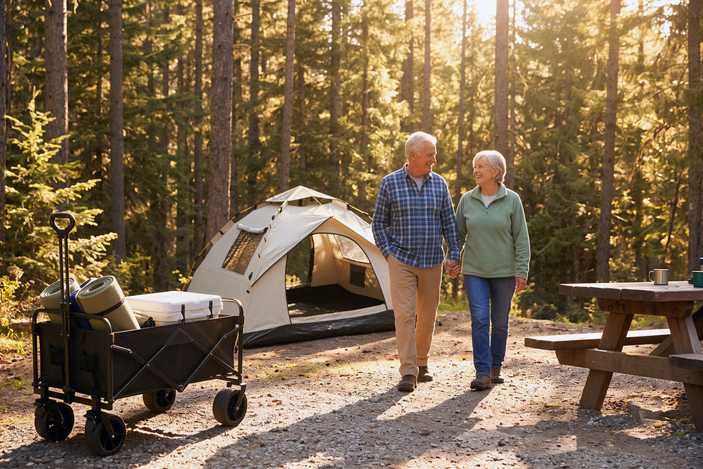 Senior couple enjoying easy-setup camping with Finvizo pop-up tent and wagon cart — senior friendly camping gear easy