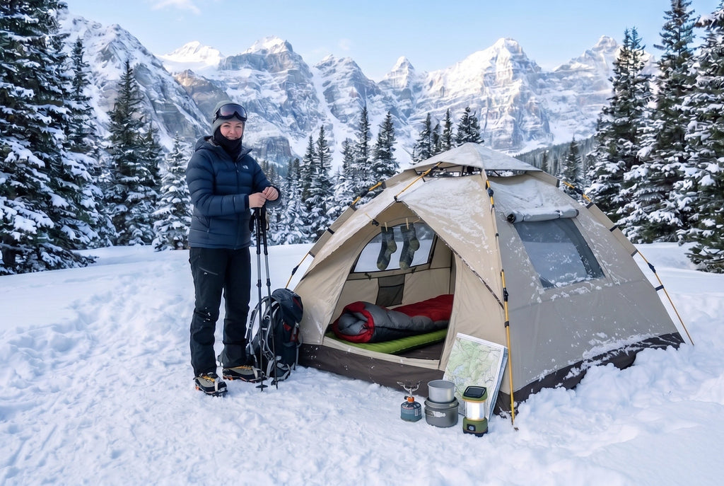 Finvizo 4-Season Tent set up in deep snow demonstrating winter camping cold weather checklist shelter requirements" width="100%" loading="lazy"