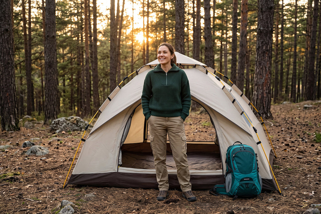 Finvizo 2-person tent at a solo campsite - solo female camper safety gear