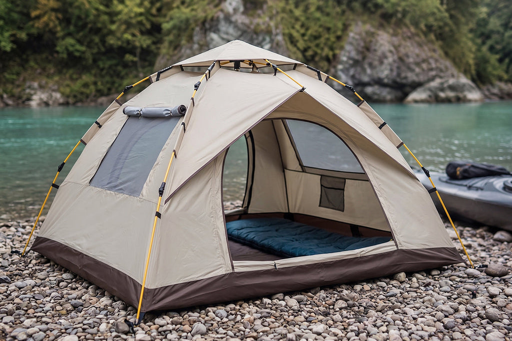 Finvizo camping tent set up at a well-organized campsite with outdoor gear
