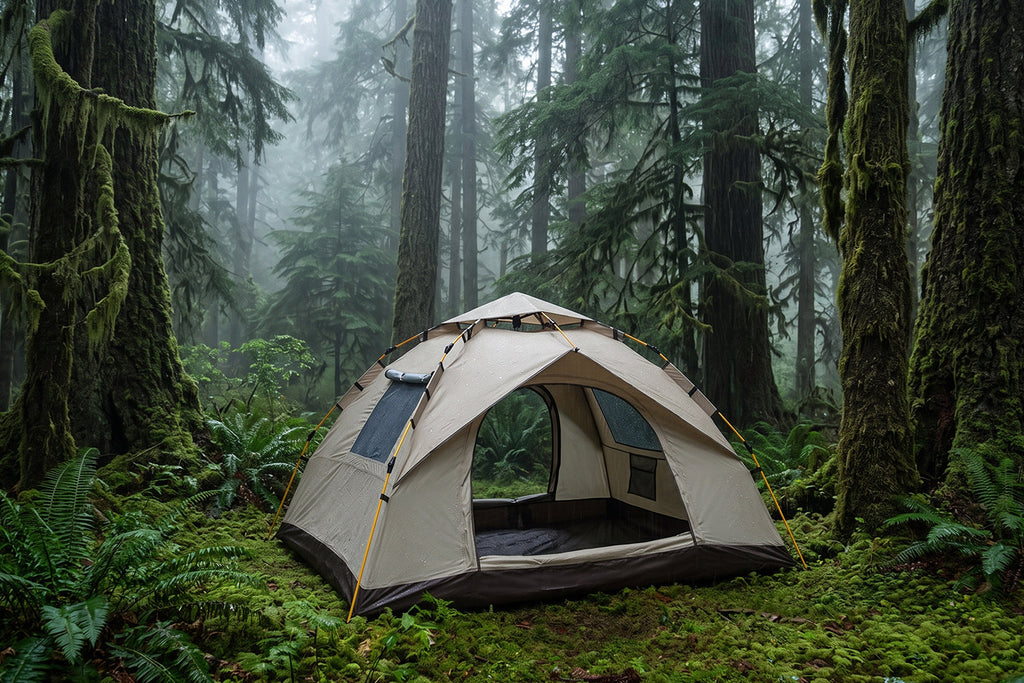 Finvizo waterproof tent pitched in a misty moss-covered rainforest campground at dawn - camping pacific northwest rain