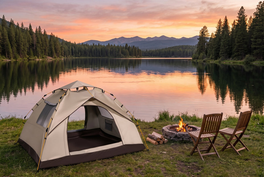 Finvizo tent setup at lakeside Labor Day campsite - labor day weekend camping guide