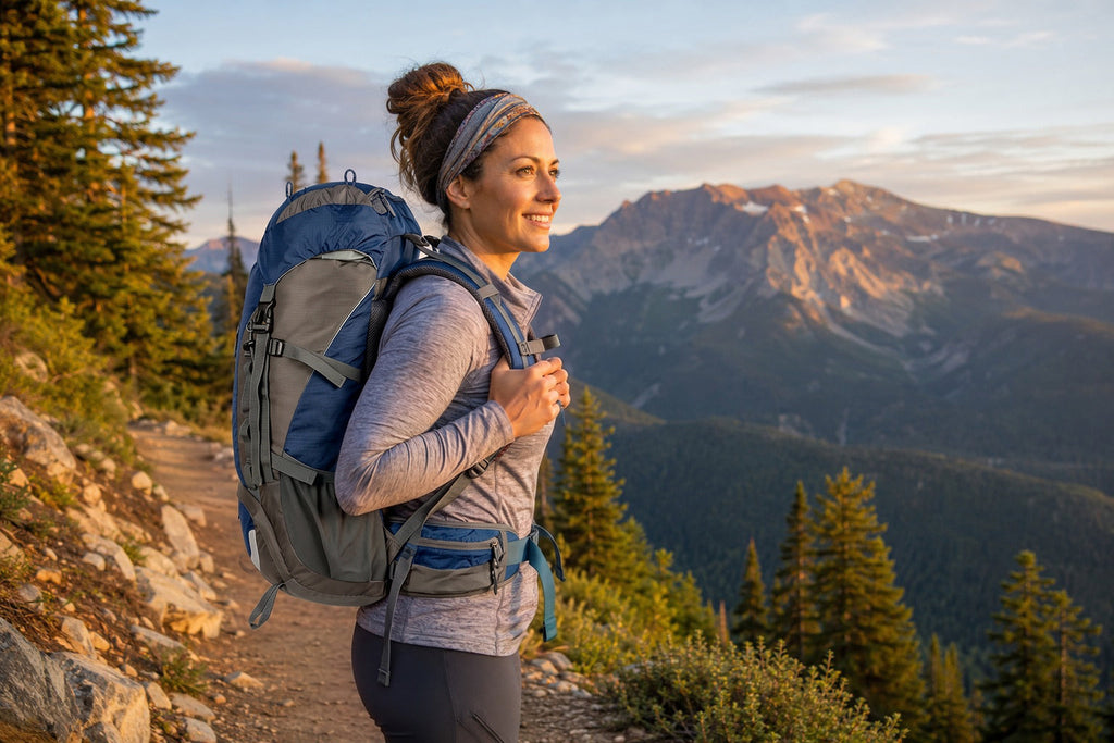 Finvizo 45L Travel Backpack for women hikers on a mountain trail in Colorado - outdoor gear for women fit