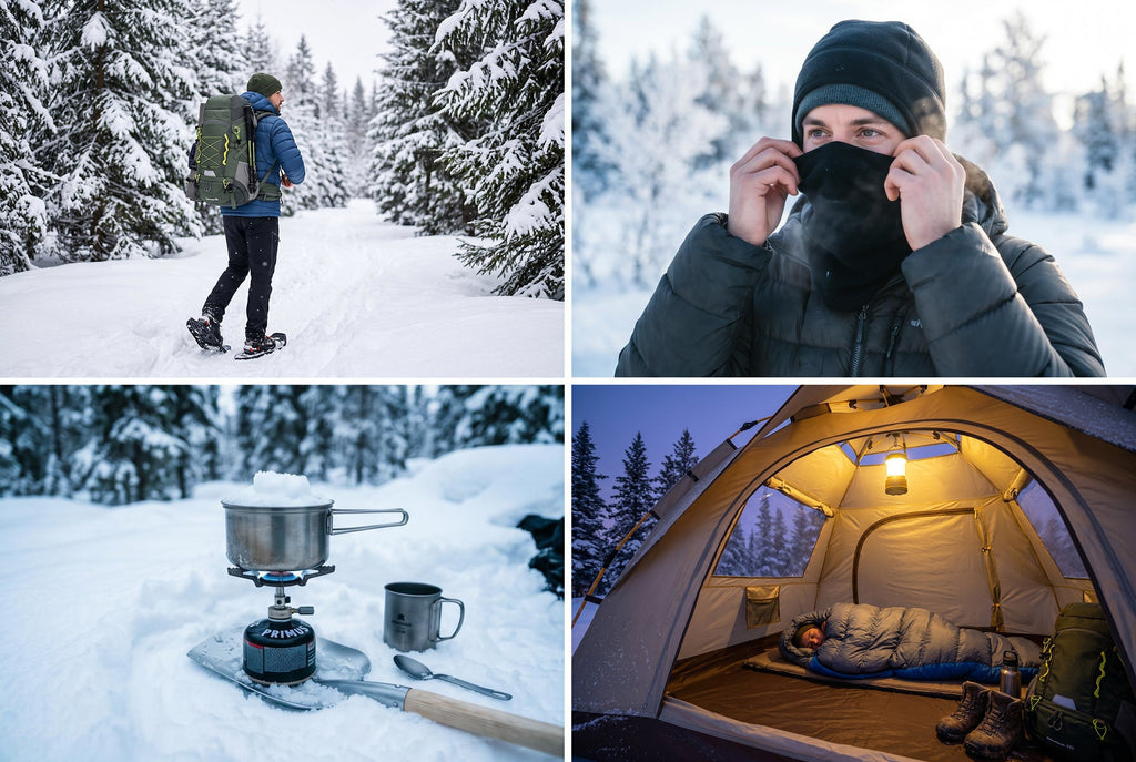 Finvizo winter camping gear set up at a snowy campsite