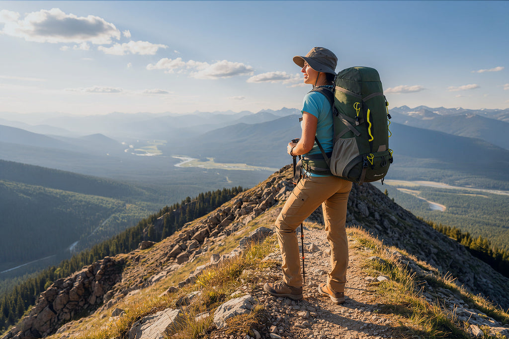 Woman hiking with Finvizo 45L backpack on mountain trail — outdoor gear for women fit