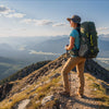 Woman hiking with Finvizo 45L backpack on mountain trail — outdoor gear for women fit