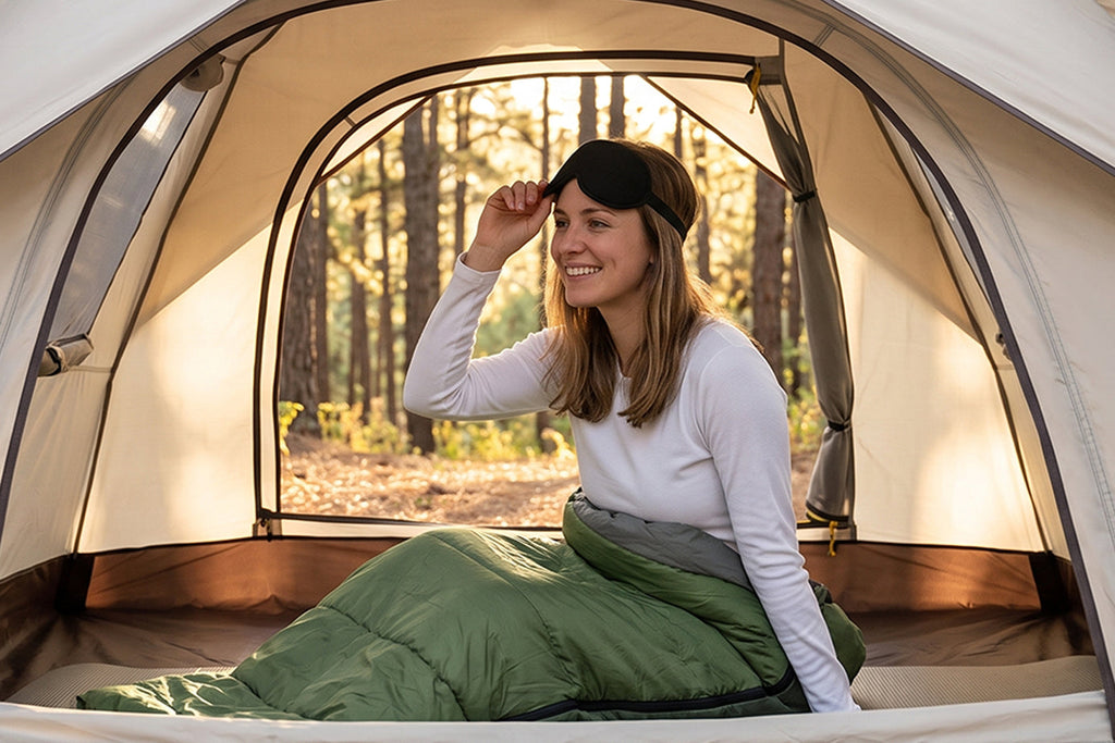 woman relaxing at Finvizo camping tent doorway with forest view