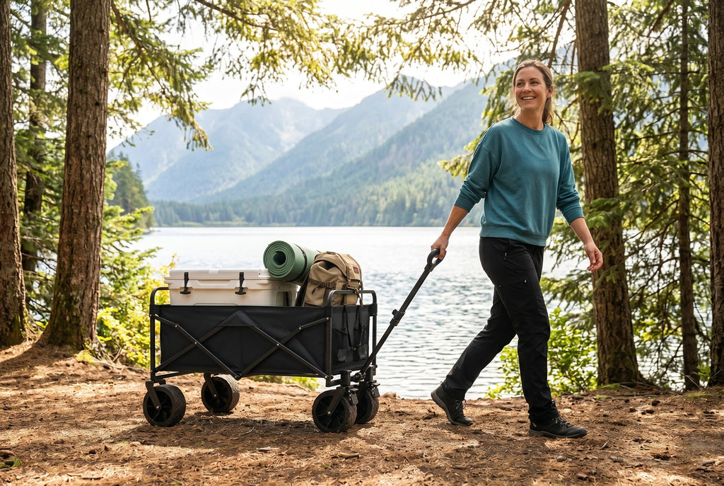 Finvizo 600lbs Folding Wagon hauling cooler on beach - carry cooler without back pain" loading="lazy"