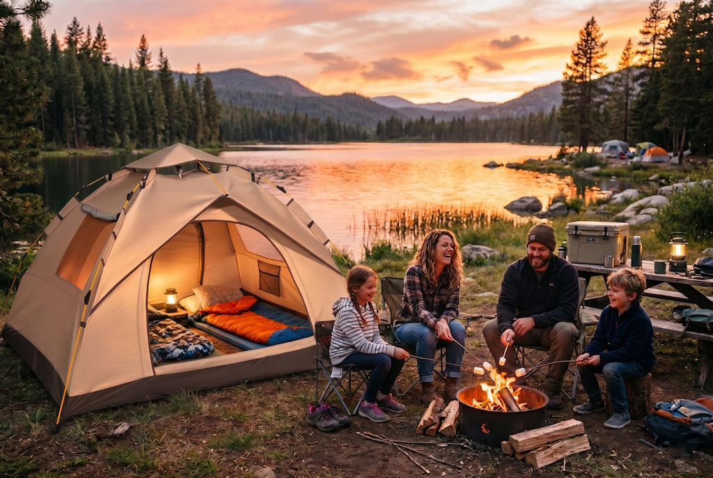 Finvizo instant tent at lakeside campsite with family roasting marshmallows at golden hour sunset