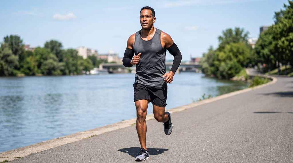 A man jogging on a sunny riverside path wearing fitted compression arm sleeves