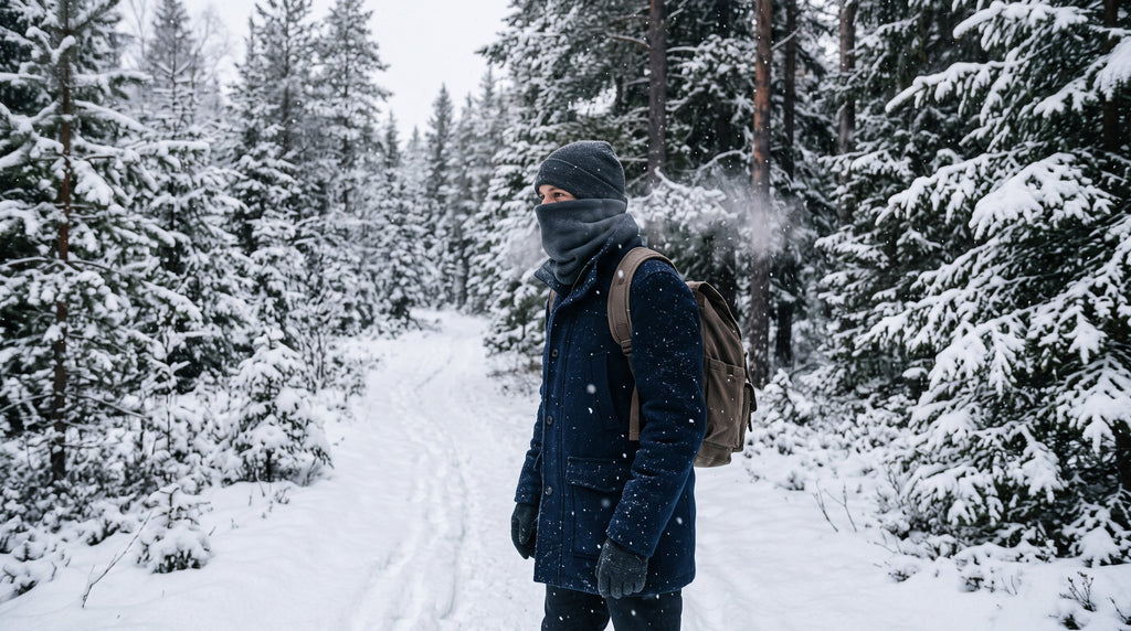A person walking through a snowy pine forest wearing a thick fleece neck warmer