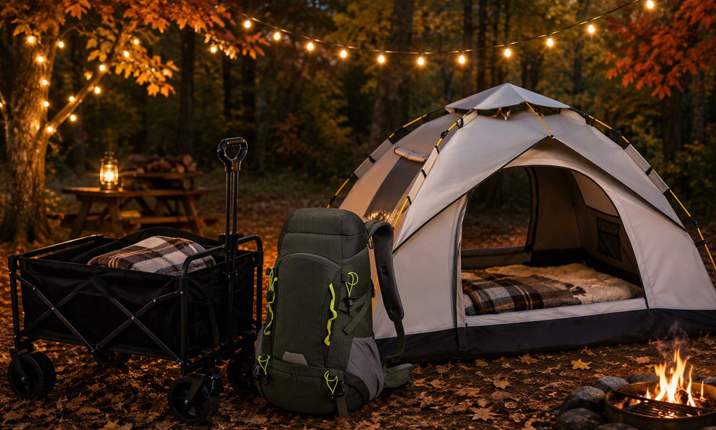 Finvizo tent, wagon and backpack at a cozy autumn campsite with string lights - Black Friday camping gear deals
