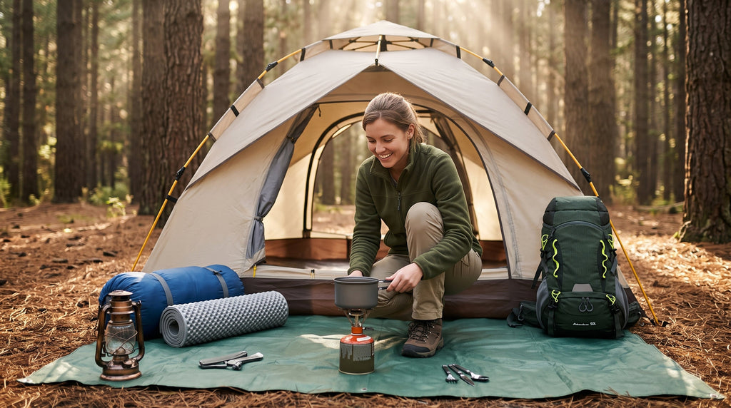 A complete basic camping kit laid out on a tarp at a forest campsite for a beginner camper