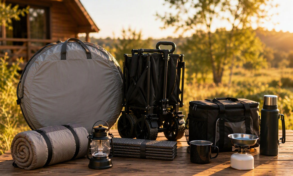 Finvizo camping gear arranged for comparison on a wooden table at golden hour