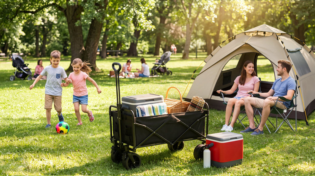 A family using a folding wagon and camping gear for a weekend park picnic