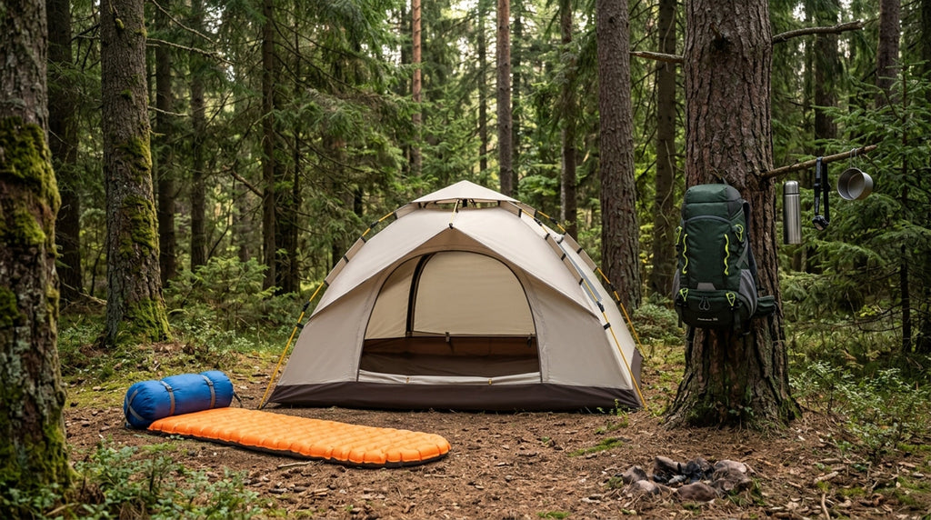 A well-organized efficient campsite with tent and gear neatly arranged at golden hour
