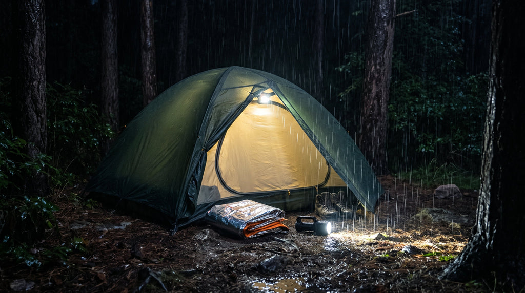 A tent glowing from a headlamp inside during a stormy night with an emergency blanket at the entrance