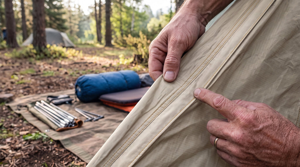 Hands inspecting tent fabric seams and zipper quality at a campsite before buying camping gear