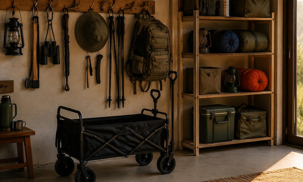 Finvizo wagon and gear stored on a home garage gear wall - long-term gear care