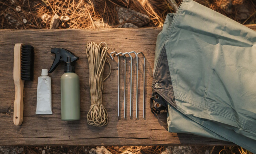 Tent maintenance tools laid out on a camp table: brush, seam sealer, waterproofing spray, guy lines and stakes
