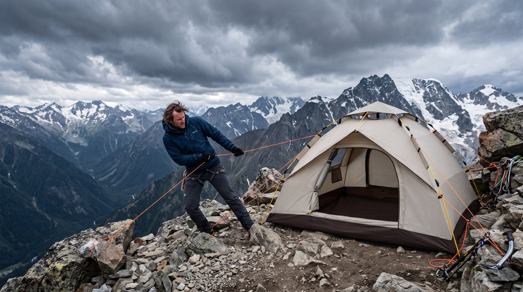 A camping tent with taut guy lines holding against strong wind on a mountain ridge