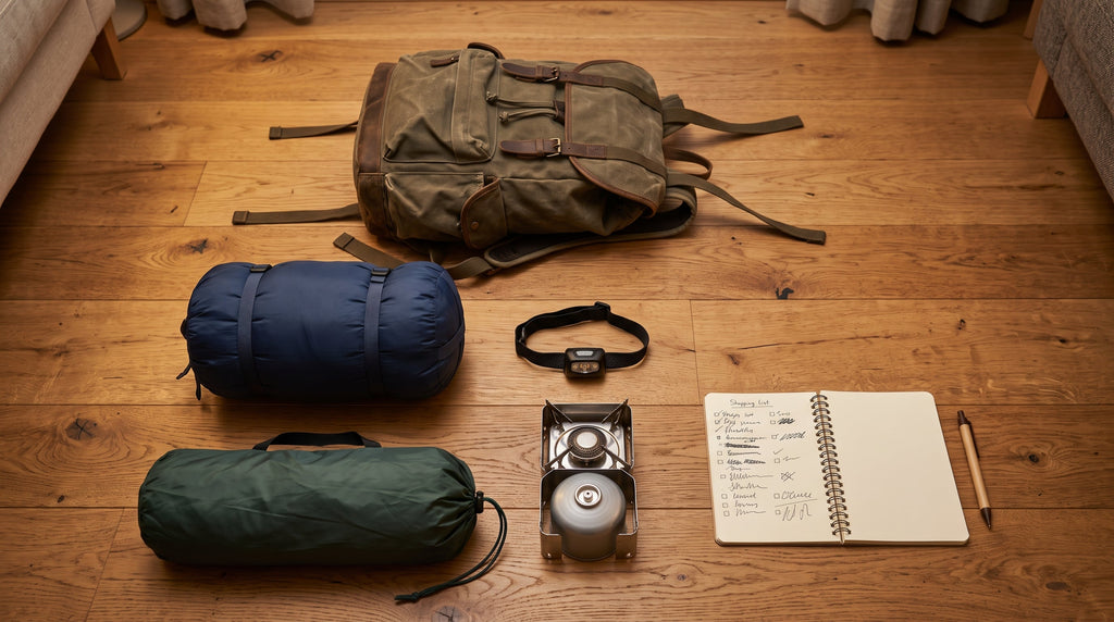 Camping gear spread on a wooden floor with a notebook for pre-purchase planning
