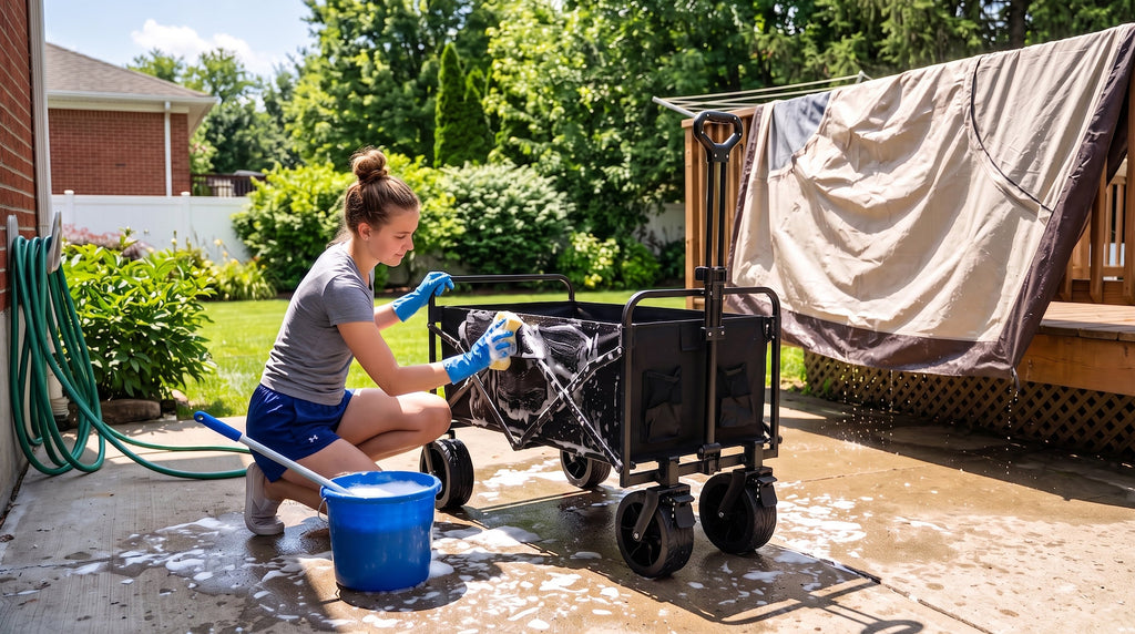 Hosing down a tent rainfly and wiping a wagon cart during a backyard gear cleaning