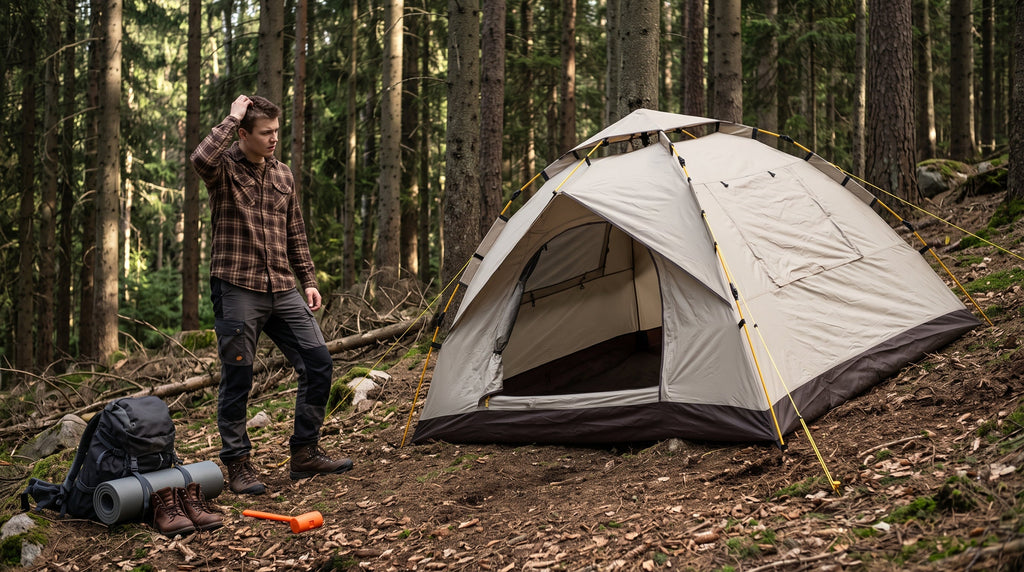 A tent pitched incorrectly on sloped uneven ground with sagging fabric