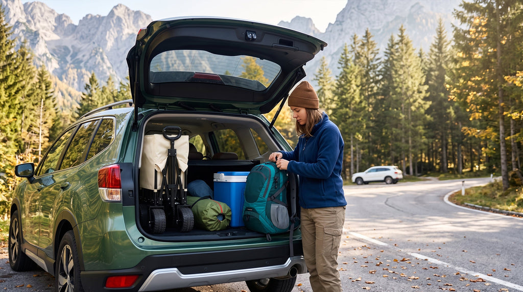 Loading folded camping gear and a wagon cart into an SUV trunk