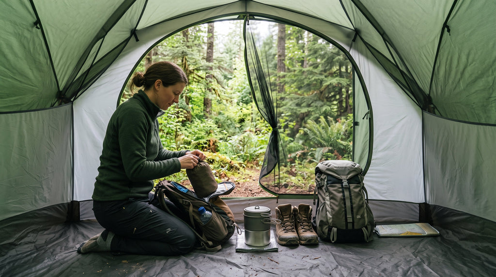 A camper organizing gear inside a tent vestibule with forest views through the mesh door