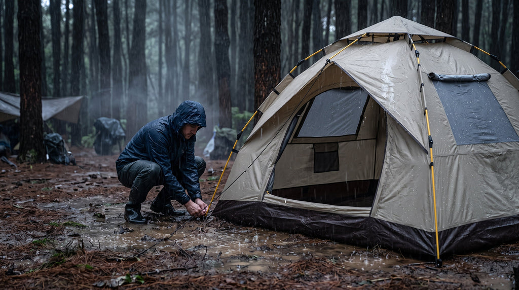 Heavy rain beading off a tent rainfly at a wet forest campsite
