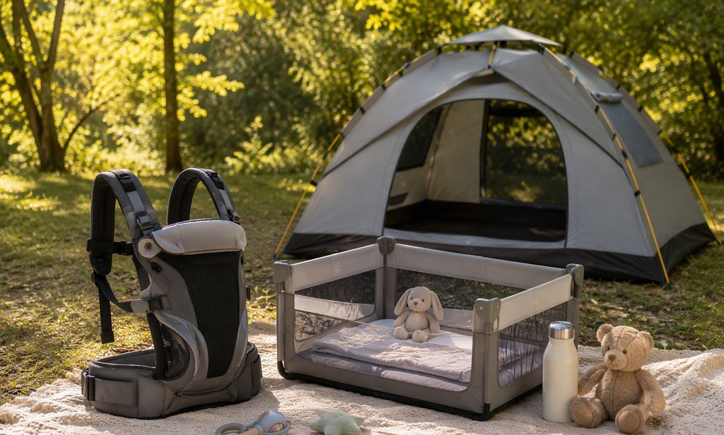 Baby camping gear arranged by a Finvizo tent - camping with a baby checklist