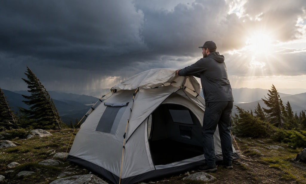 Camper pulling a rainfly over a Finvizo tent as storm clouds roll in - Yellowstone variable weather gear