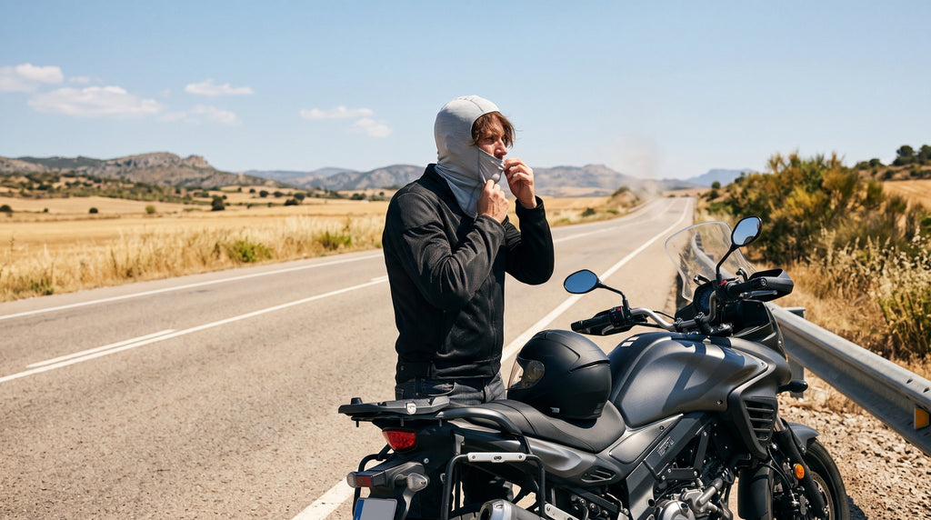 A motorcyclist pulling on a thin cooling balaclava before putting on a helmet on a summer road