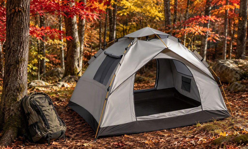 Finvizo tent in a New England autumn campground with peak fall foliage
