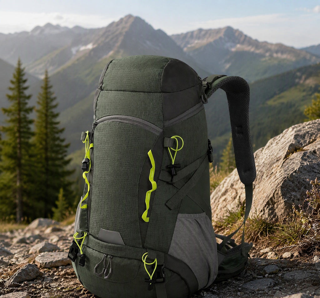 Finvizo 50L Camping Backpack resting on a mountain trail - budget travel backpack under 100 dollars