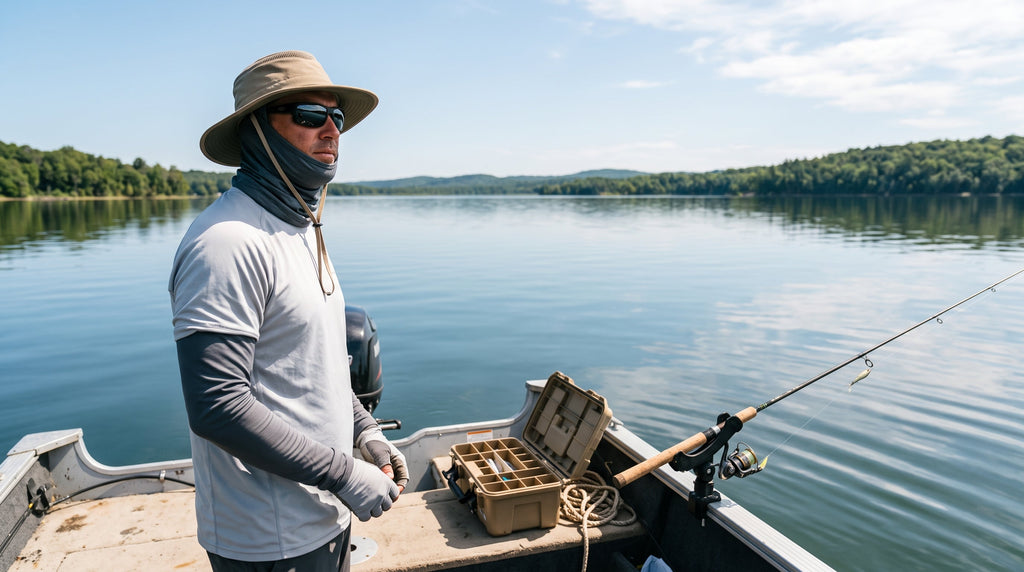 An angler on a boat deck fully geared with wide-brim hat, sunglasses, gaiter and sun sleeves