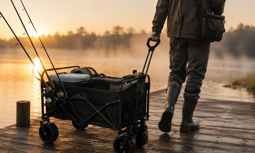 Finvizo wagon loaded with fishing rods and tackle on a lake pier at sunrise