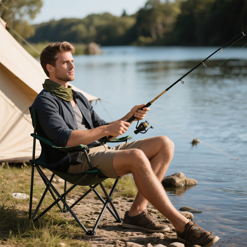 Angler wearing a Finvizo neck gaiter fishing from a chair on a sunny lake shore
