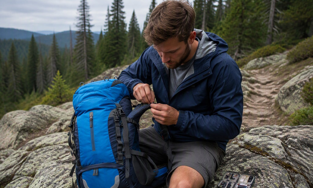 Hiker field-repairing the strap of a Finvizo 55L backpack with a sewing kit on a trail