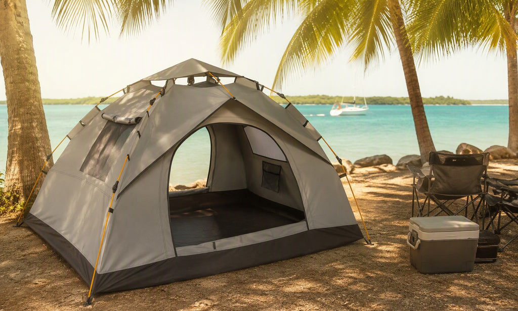 Finvizo tent at a Florida Keys tropical beach campsite with palm trees